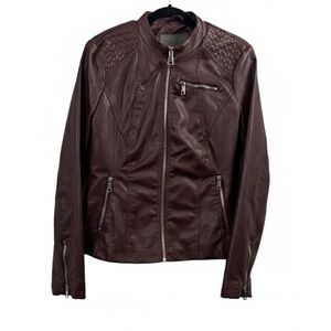 Cavalini Women’s Wine Red Faux Leather Moto Jacket - Quilted Shoulders